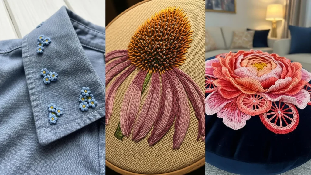 Collage of hand-embroidered flower stitches on a shirt collar, in an embroidery hoop, and on a velvet cushion.