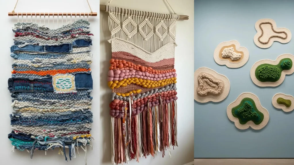 A collage of three unique mixed-fiber wall hangings, showcasing colorful and textured designs for room decor.