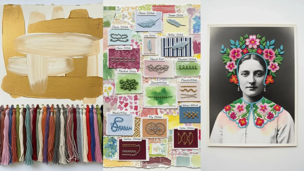 A vibrant collage of mixed-media techniques incorporating embroidery threads into painting, stitch samples, and photography.