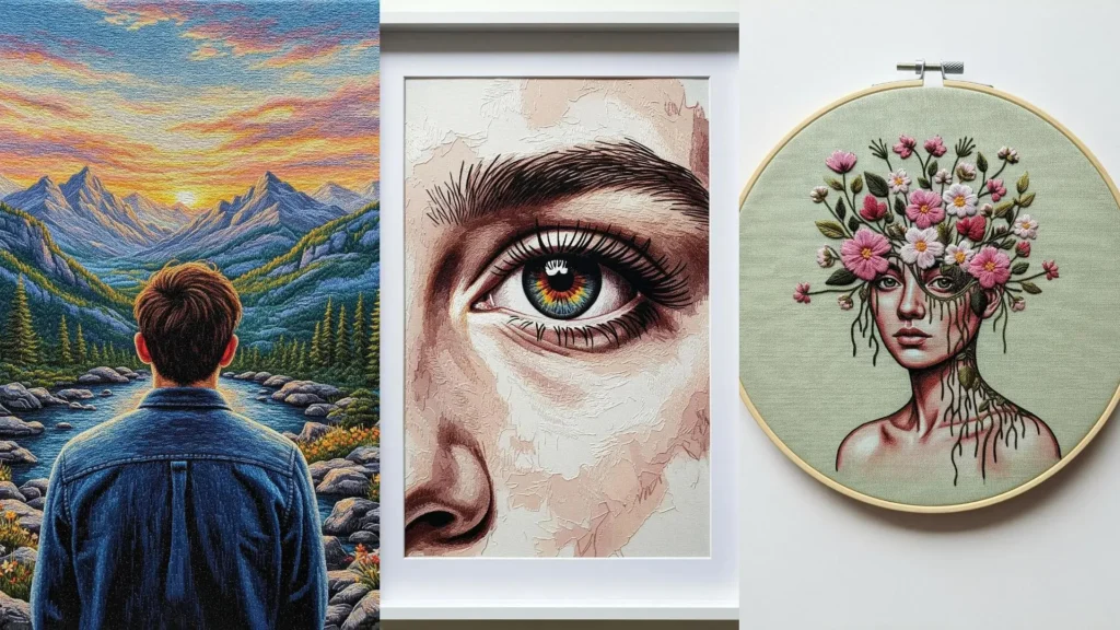 A gallery of modern thread portraits so realistic they look like paintings, featuring a mountain scene and detailed faces.