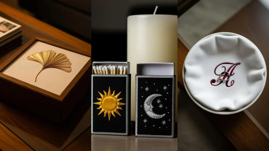 Simple embroidery accents, like a framed leaf and a monogrammed ring dish, on a wooden coffee table.