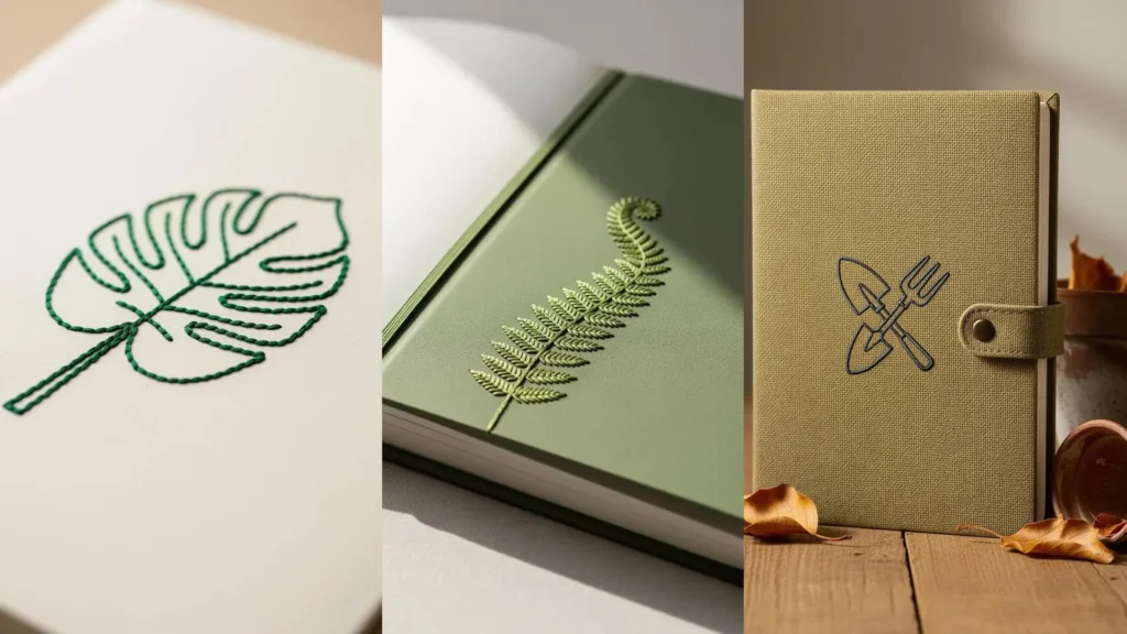 A collage of three journal covers with small, sweet embroidery ideas, including a leaf, a fern, and gardening tools.