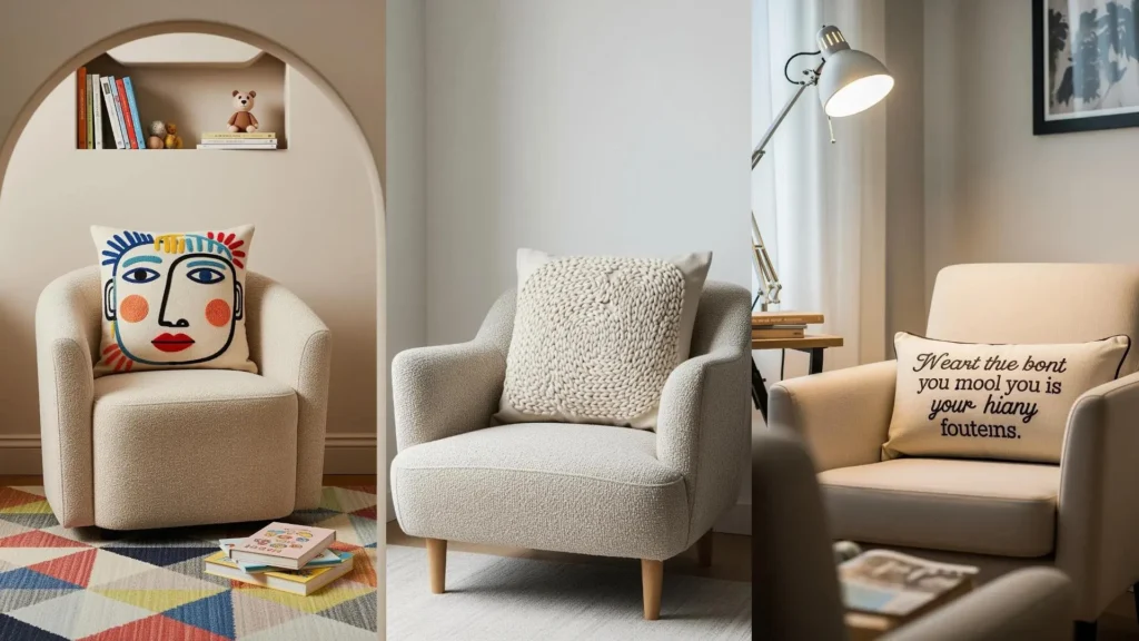 A collage of cozy beige reading corners, with chairs decorated with soft textured embroidery patterns on pillows.