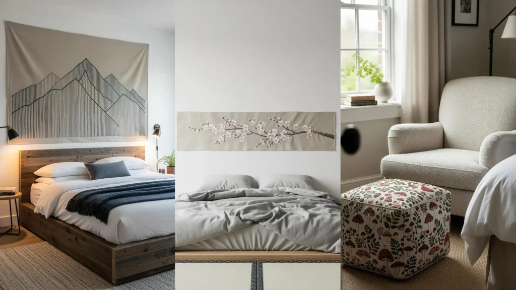 A collage of restful bedrooms with texture-rich embroidery ideas like a mountain tapestry and a floral embroidered ottoman.