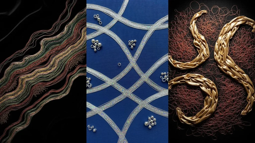 Abstract embroidery projects with sparkling gold and silver metallic thread on dark blue and black backgrounds.