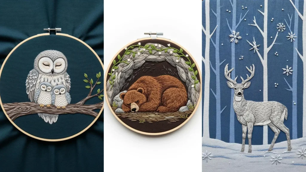 Adorable forest animal embroidery ideas for a baby room, featuring a hand-stitched owl, bear, and deer.