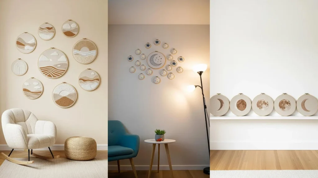 A cozy nursery wall decorated with soft embroidery hoops featuring cloud and landscape designs in beige, ivory, and sand.