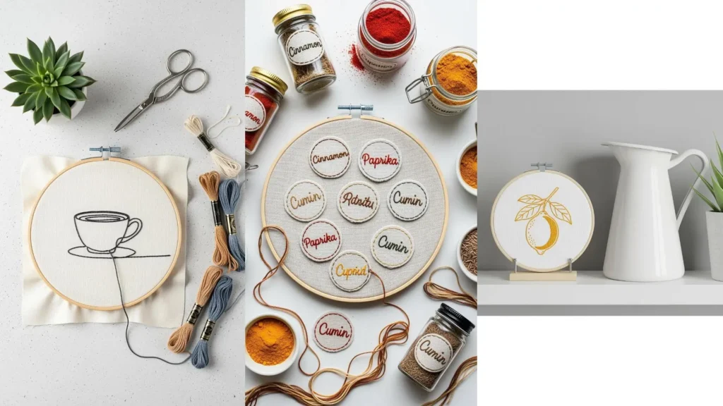 DIY embroidery ideas for a calm, minimalist kitchen, showing an embroidered coffee cup, spice labels, and a lemon design.