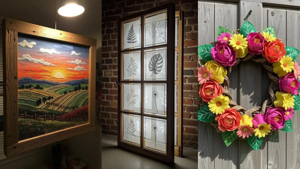 A collage of easy DIY art pieces that turn trash into treasure, like an embroidered landscape and a floral wreath.