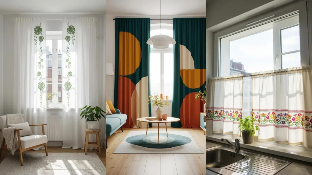 Embroidered curtain ideas for brightening compact city apartments, with sheer leaf patterns and floral kitchen blinds.