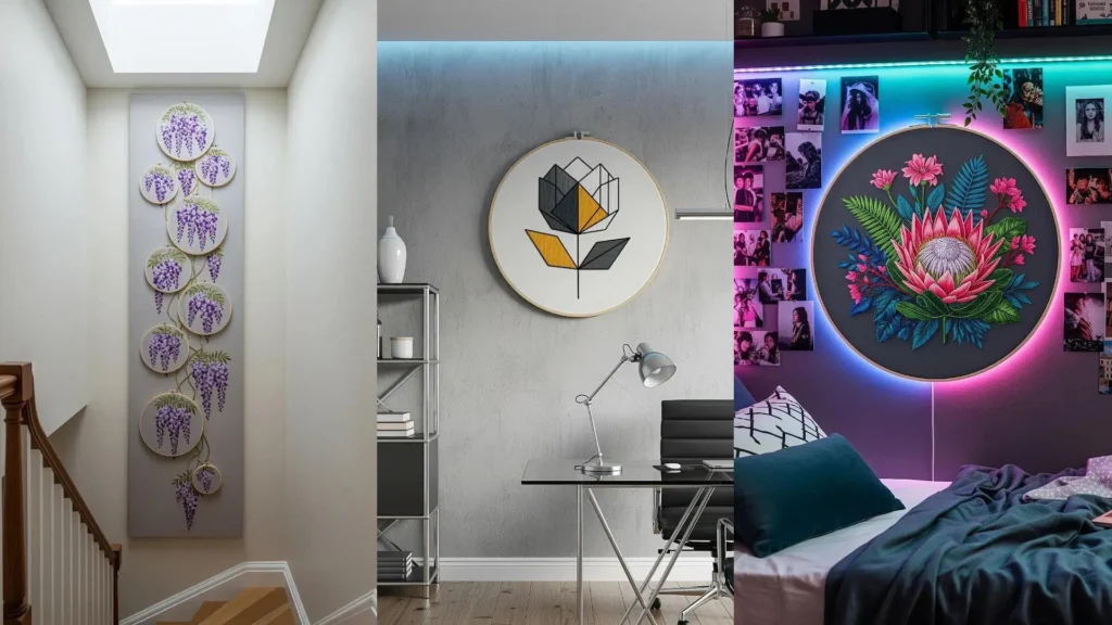 A collage of rooms with floral embroidery hoops as wall art, adding natural charm to different home interior styles.