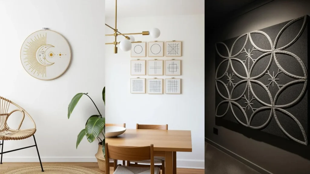 A collage showing geometric embroidered wall decor ideas perfect for a modern, minimalist home interior.