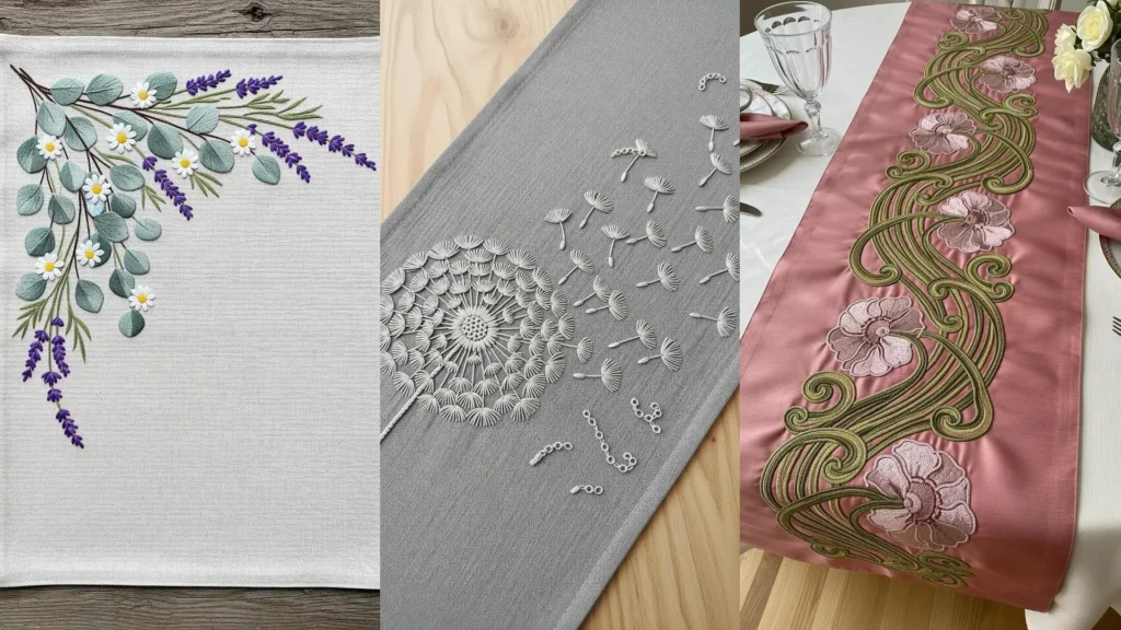 Three hand-stitched table runners with elegant, beginner-friendly embroidery designs of flowers and a dandelion.