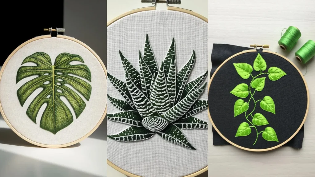 A trio of embroidery hoops with houseplant motifs: a monstera leaf, a succulent, and a pothos vine.