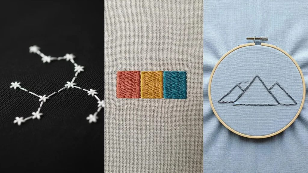 A collage of three mini embroidery patterns you can make in an afternoon, showing a constellation, color blocks, and mountains.