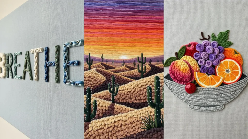 Stunning mixed-fiber embroidery wall art showing three patterns: a desert sunset, a fruit bowl, and the word 'Breathe'.
