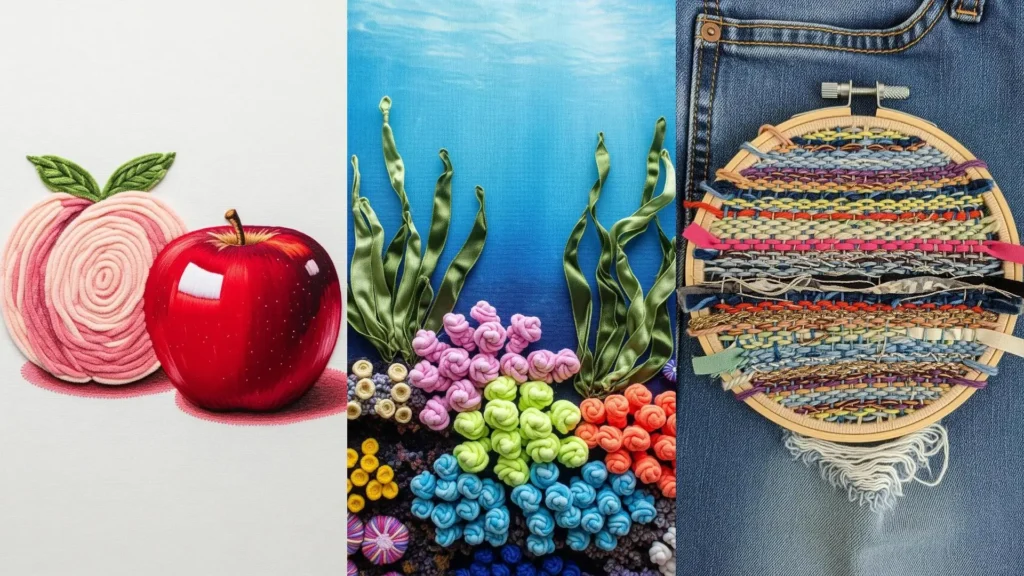 A collage showing different mixed-fiber embroidery techniques: fruit, a colorful coral reef, and weaving on denim.