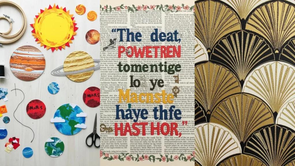 A collage of mixed-media projects combining paper cutouts and embroidery, showing planets and text-based art.