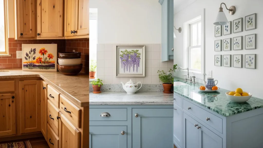 A collage of kitchen backsplashes decorated with framed tiny floral embroidery art.