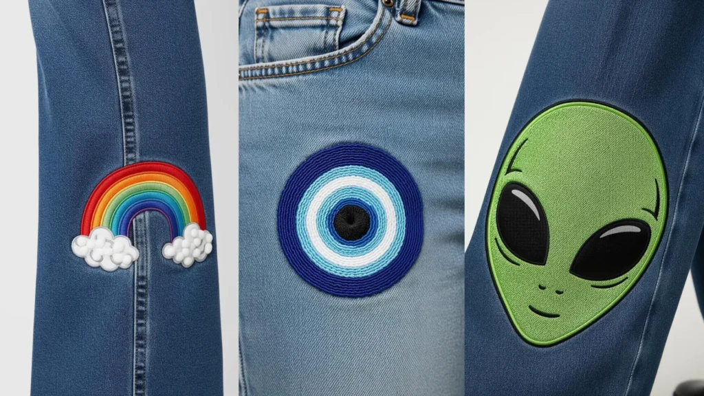 Blue jeans decorated with trendy emoji embroidery ideas like a rainbow, alien, and evil eye icon.