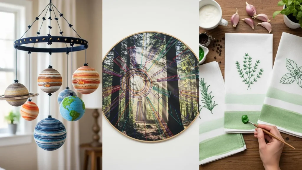 A collage of mixed-media embroidery for home decor, showing a planet mobile, embroidered art, and painted towels.