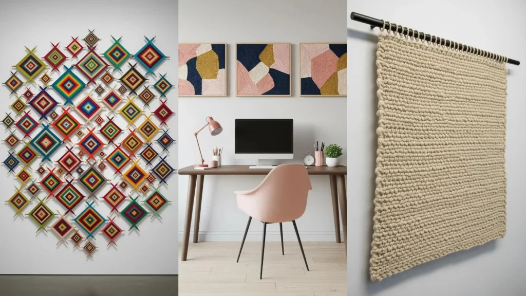 A collage of yarn wall art, showcasing techniques that transform simple threads into beautiful modern home decor.