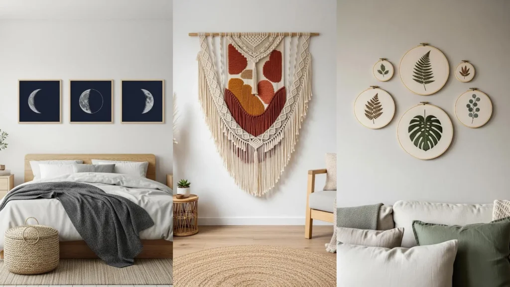 A collage of calm-tone embroidery wall ideas, including leaf patterns in hoops and a large woven tapestry for a peaceful room.