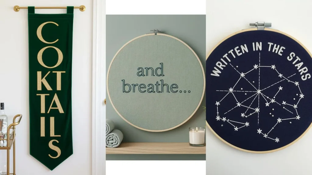 A collage of contemporary typography stitch designs, featuring three trendy embroidered wall quotes and signage.