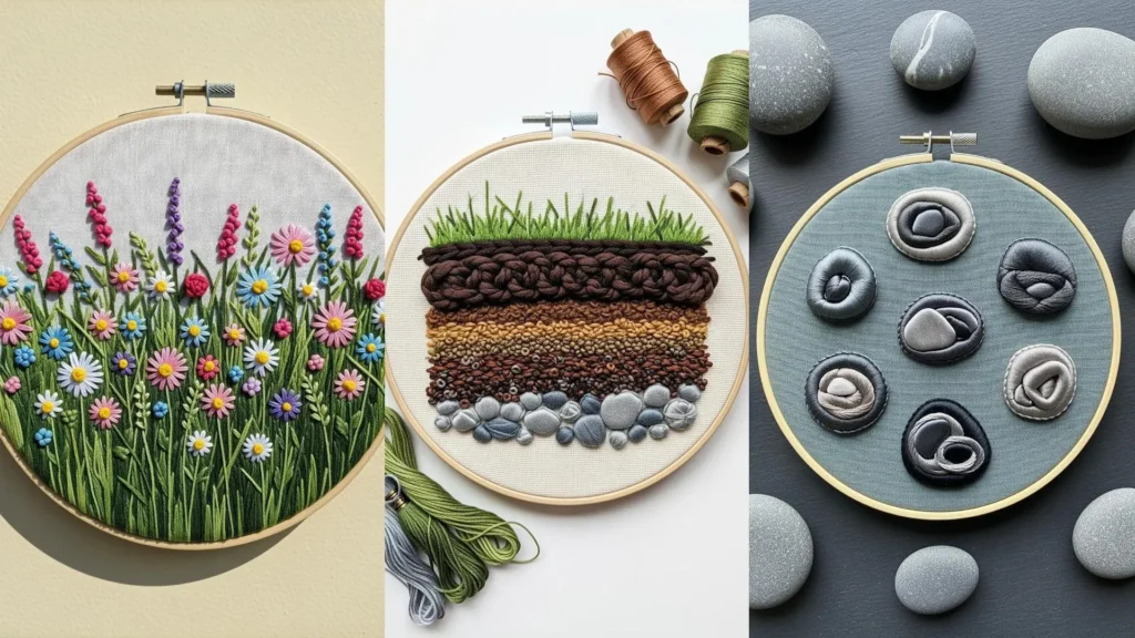 Three embroidery hoops with earth-inspired textures, including embroidered wildflowers, soil layers, and stones.