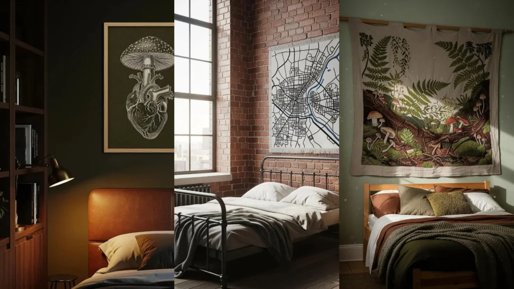 A collage of three cozy bedrooms, each decorated with unique embroidered wall art, creating a mind-refreshing zone.