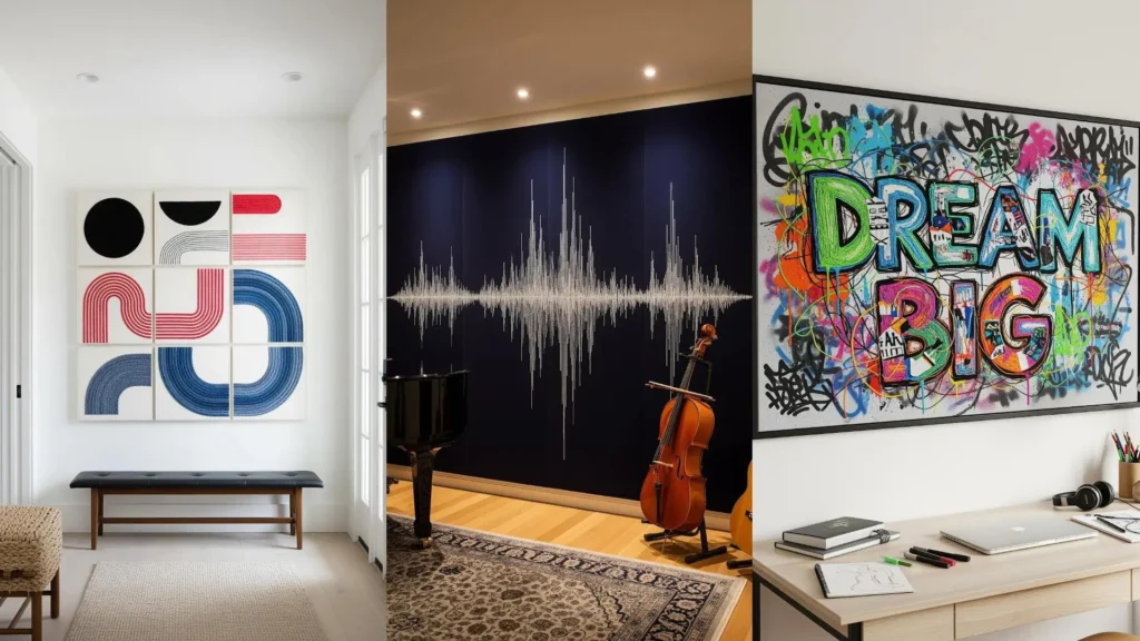 A collage of embroidered wall panels as modern art, featuring geometric, soundwave, and graffiti-style handmade designs.