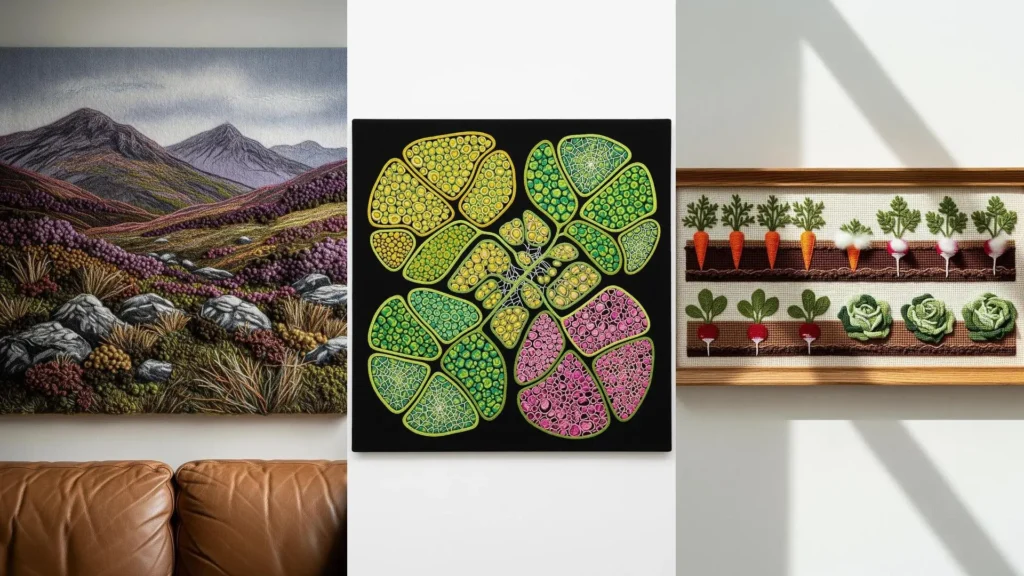 A collage of handmade organic embroidery doubling as wall art, featuring a landscape, abstract cells, and garden vegetables.