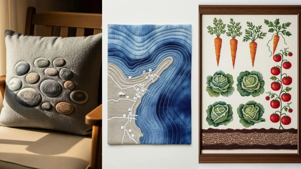 Inspiring handmade organic pieces for a DIY project: a stone pillow, a quilted map, and cross-stitched vegetables.