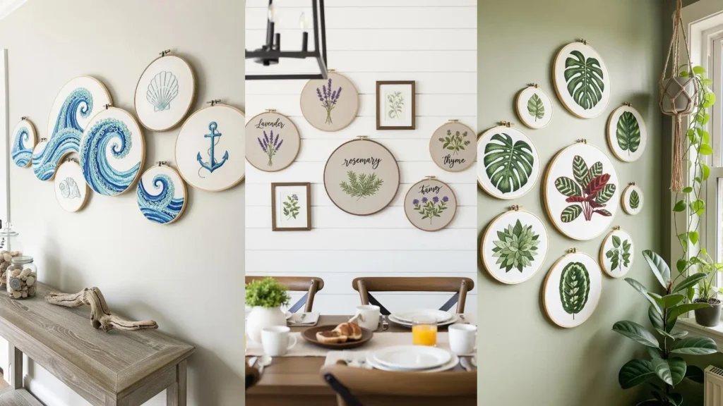 Inspiring gallery walls featuring creative hoop art projects with embroidered botanicals, herbs, and ocean waves.