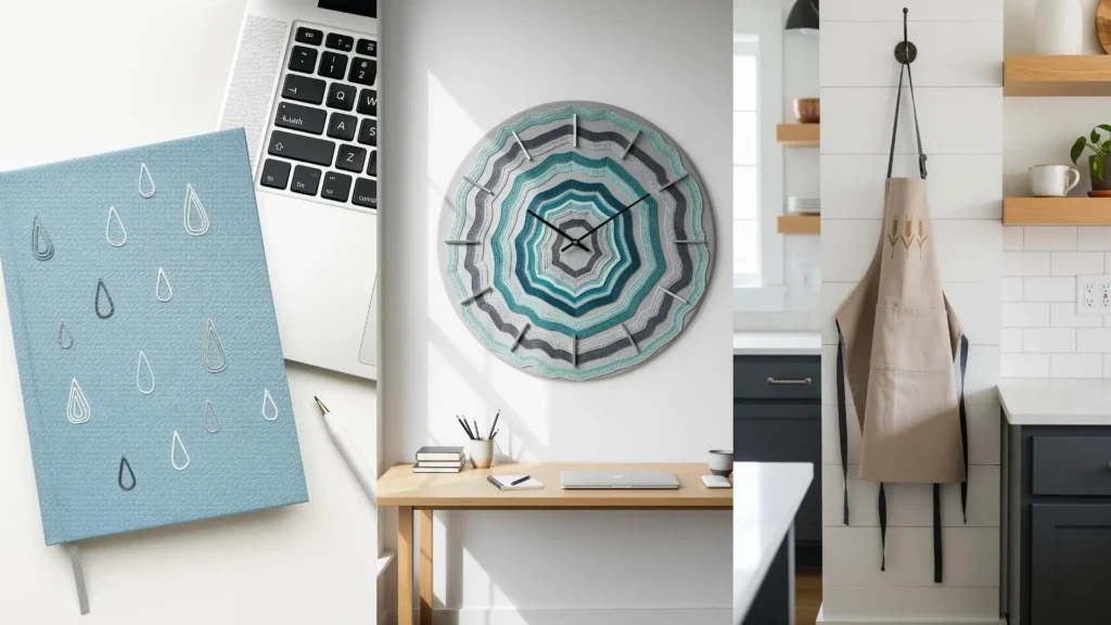 A collection of minimalist, nature-inspired embroidery designs on a notebook, a wall clock, and a kitchen apron.