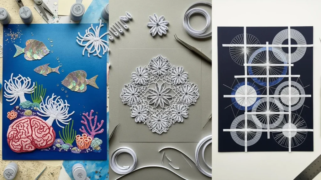 A collage showing mixed-media paper art techniques that look like intricate embroidery, including an underwater scene.