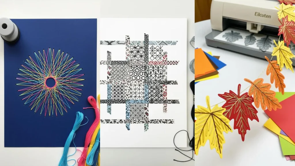 Collage of Instagram-worthy paper art embroidery, showing colorful string art and embroidered paper autumn leaves.