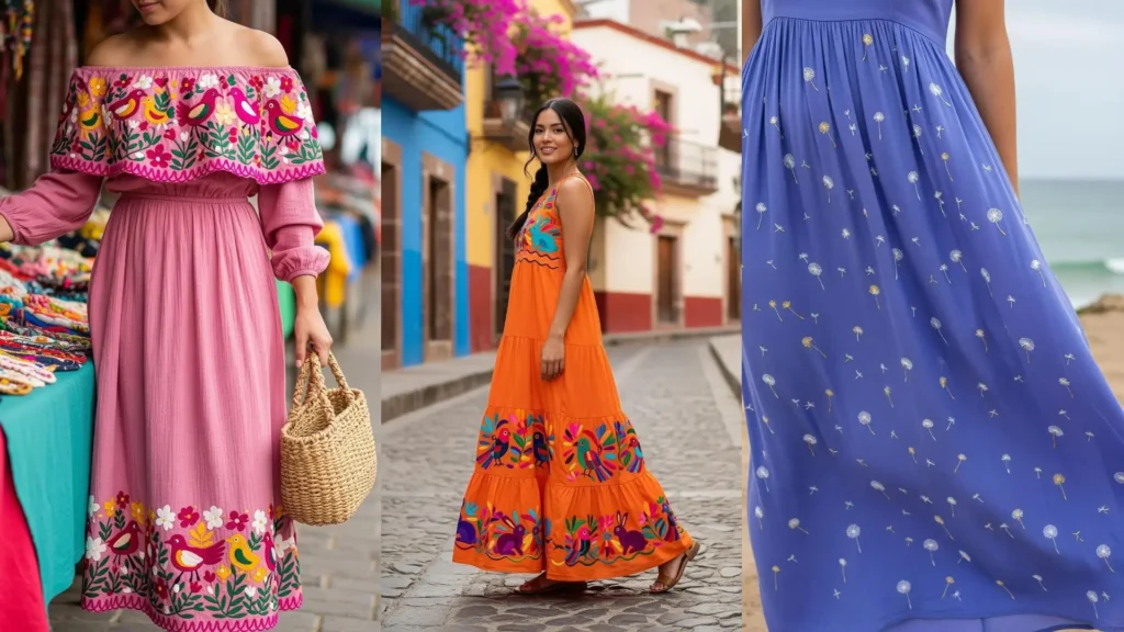 Women on a beach vacation wear colorful boho maxi dresses with intricate embroidery patterns of birds and flowers.
