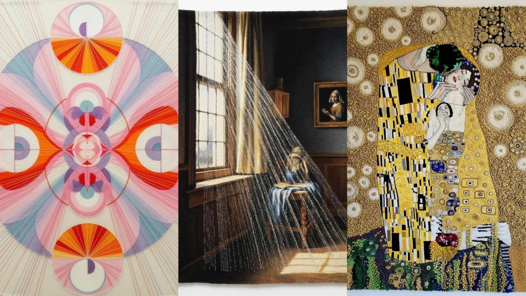 A collage of fiber art installations with a yarn twist on famous paintings, including Klimt's "The Kiss".