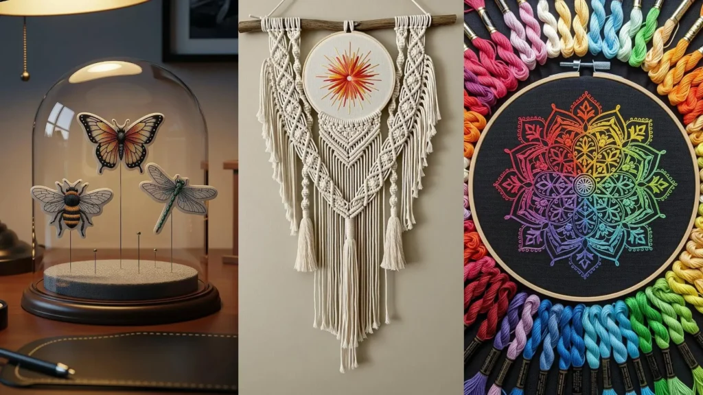 Handmade art pieces for a cozy weekend project, featuring colorful embroidery and macrame crafts.
