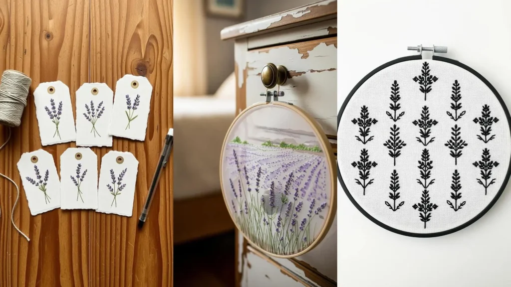 A collection of lavender embroidery ideas, including a lavender field in a hoop hanging on a bedroom dresser.
