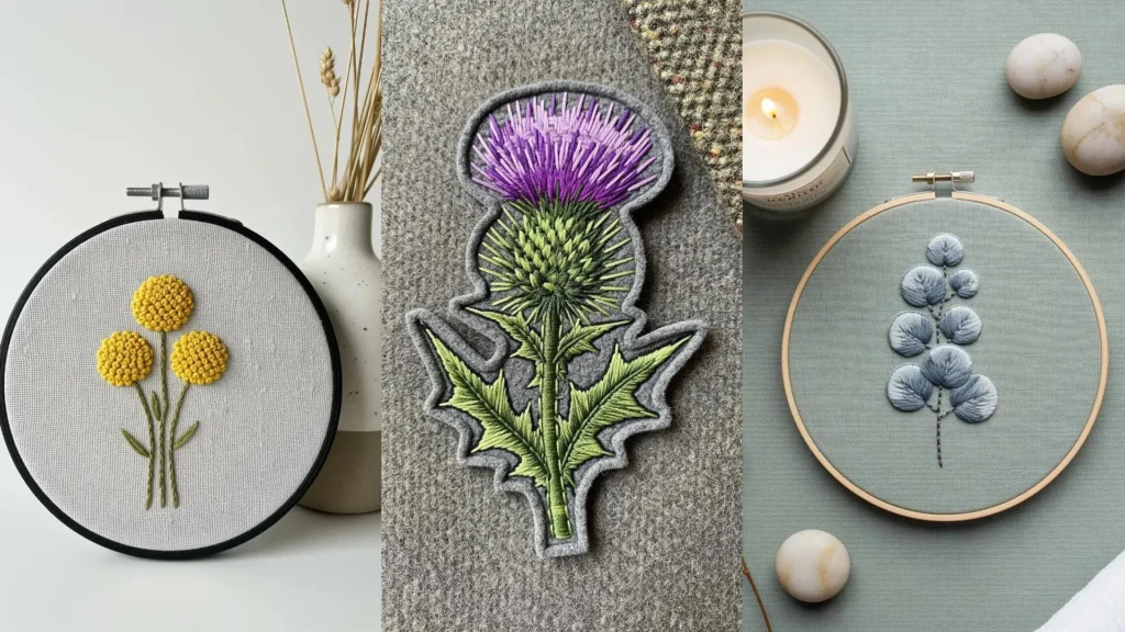 Micro botanical embroidery ideas for tiny petal lovers: a collage of embroidered flowers like thistles and leaves.