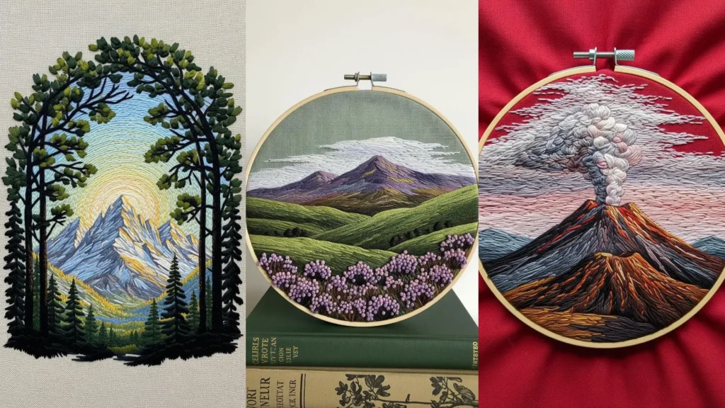 A collage of embroidered mountain landscapes showcasing thread painting techniques for nature scenes.