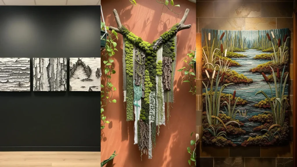 Three nature-texture wall hangings with moss stitching and organic threads, displayed on gallery-style walls.