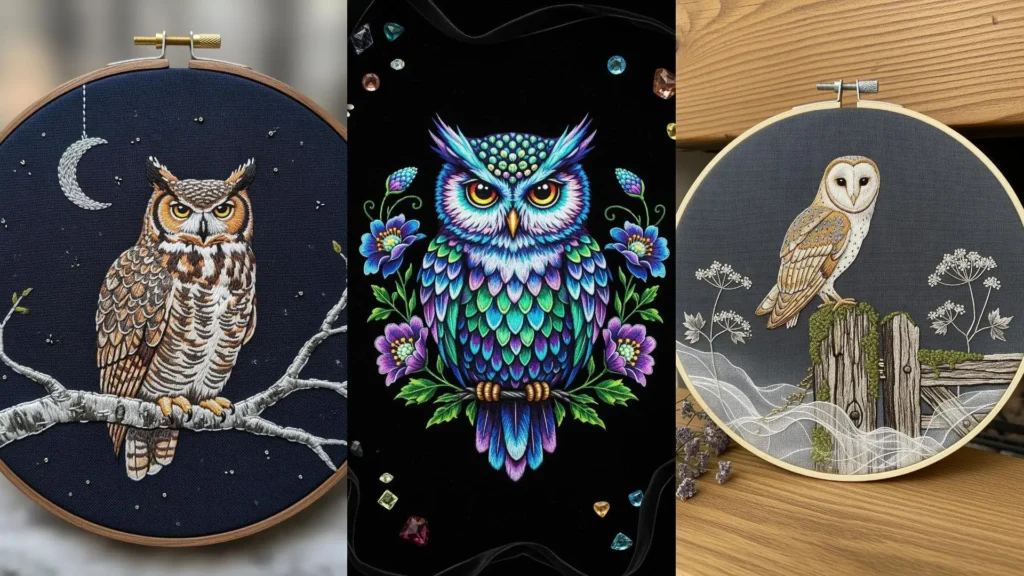 A collage of three stunning owl embroidery patterns, featuring glowing and mysterious night-themed art.