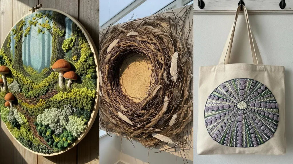 Embroidery art with incredible depth and natural textures, featuring a 3D mossy forest, a rustic nest, and a sea urchin.