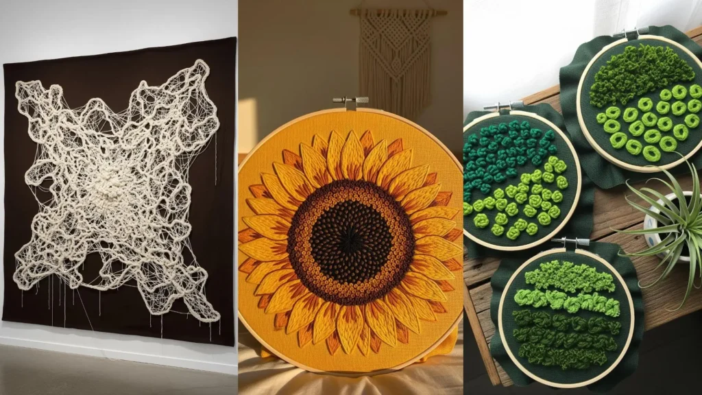 Creative ways to stitch natural textures: a collage with an embroidered sunflower and hoops of green leafy stitches.