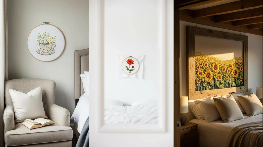 Serene bedroom walls decorated with gentle floral embroidery ideas, including hoop art and a large sunflower piece.