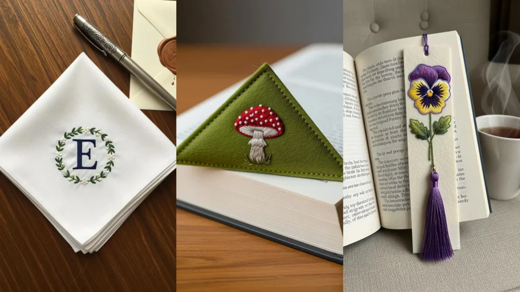 Handmade embroidery gifts as mini art pieces: a monogrammed handkerchief, a mushroom bookmark, and a pansy bookmark.