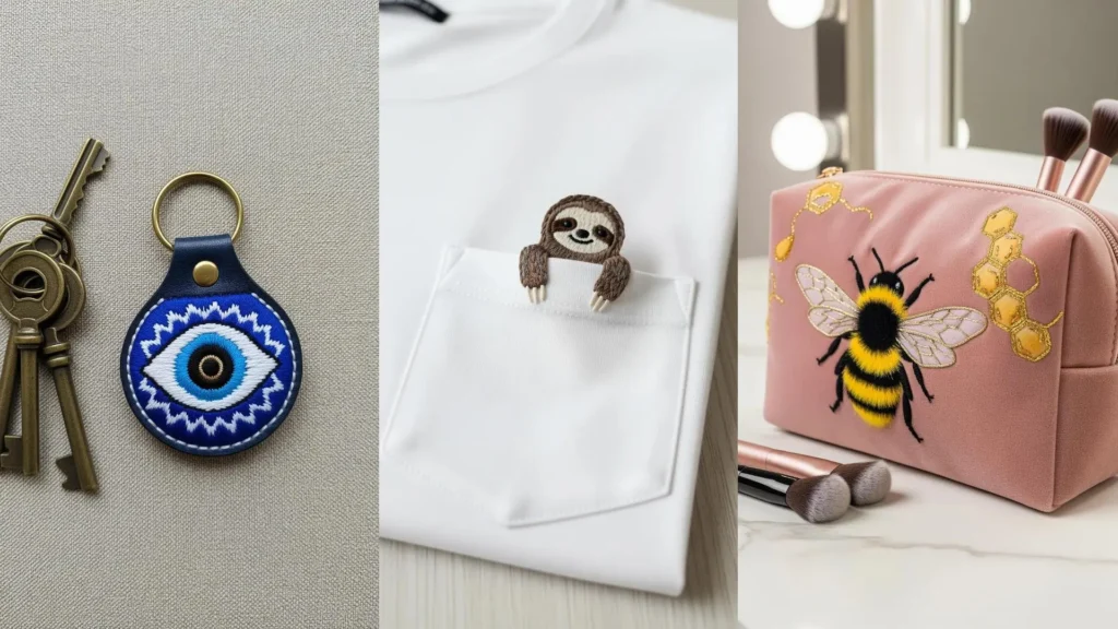 Transform ordinary gifts with handmade embroidery ideas like a sloth t-shirt, bee bag, and evil eye keychain.